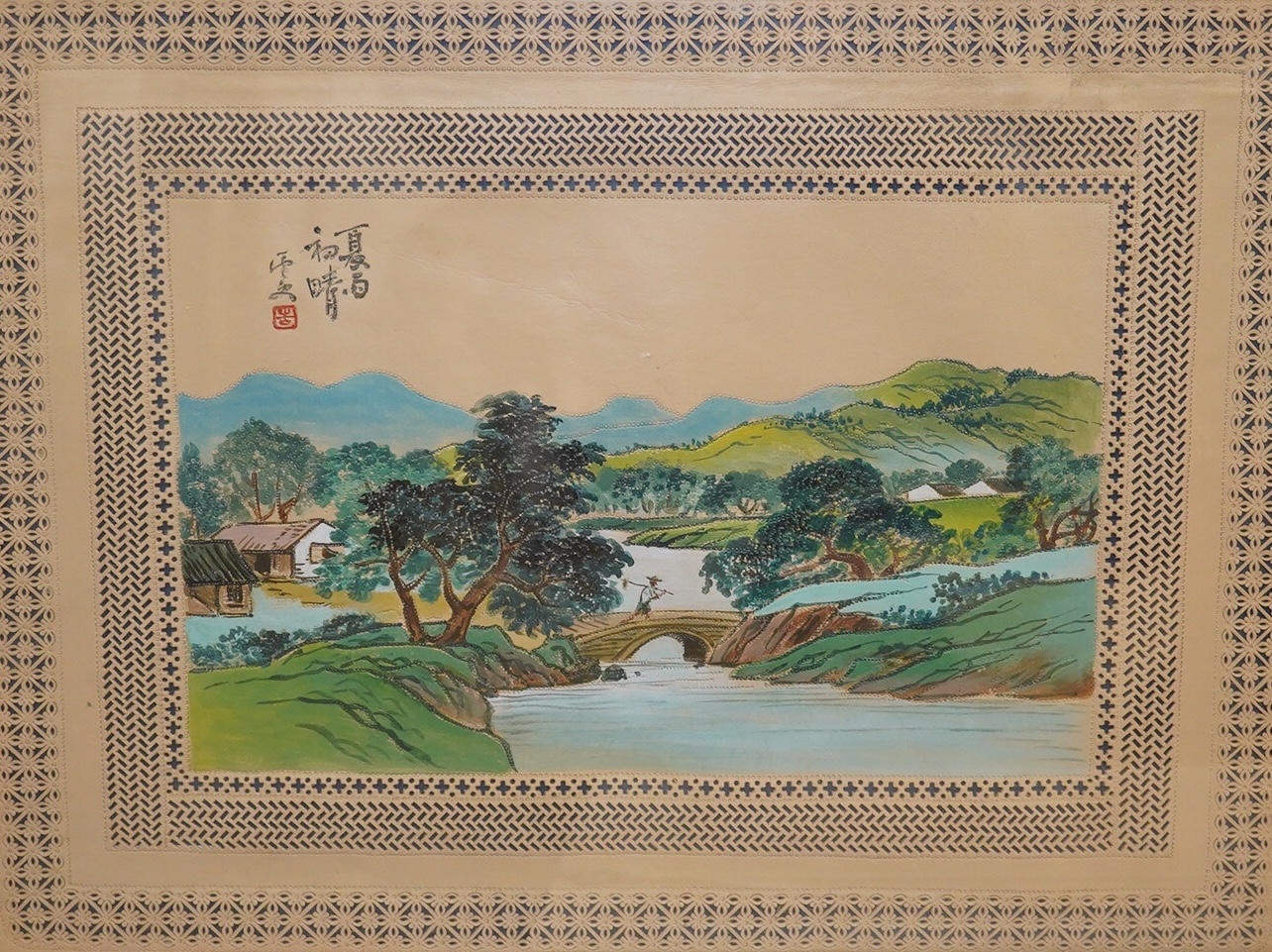 Chinese school, set of four watercolour and gouaches on punched leather, The Four Seasons, signed with character marks and red seal mark, 30 x 40cm. Condition - good